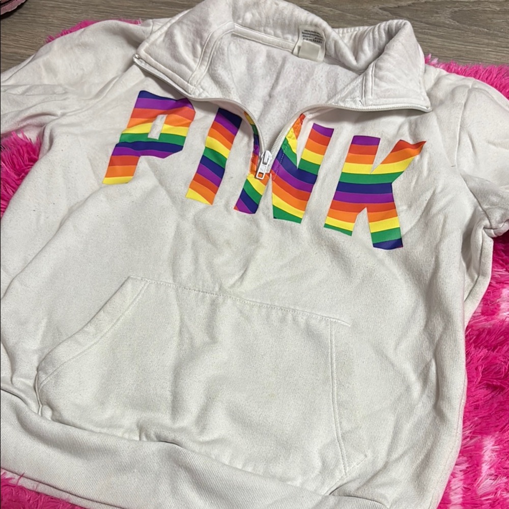 PINK White Pullover with Rainbow Lettering